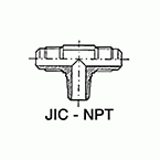 Trójnik, 2 x męskie JIC 74° przeciwległe - męskie NPT